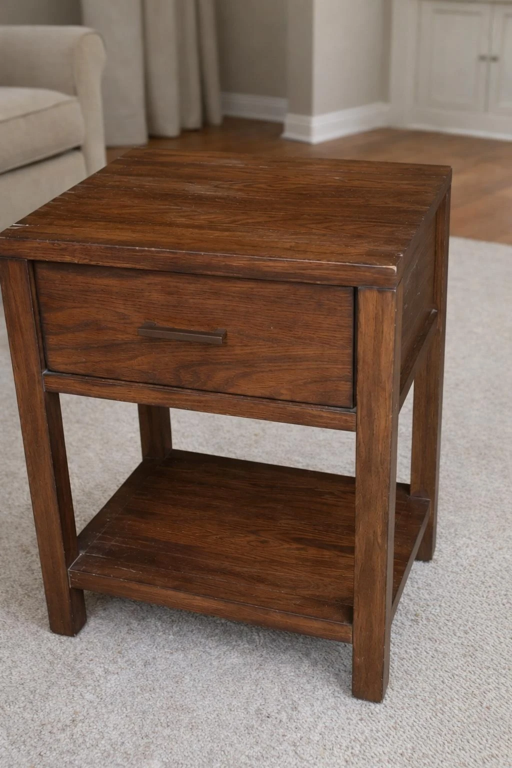 Cleaned solid wood side table photo after ListingPack AI presentation cleanup